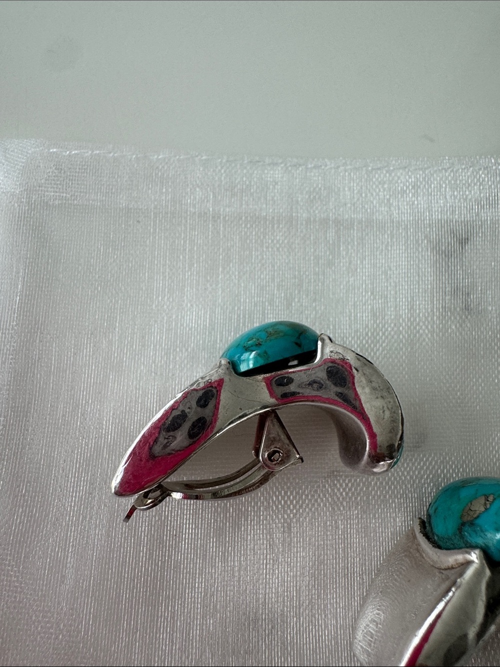 Silver Clip-on Earrings with Turquoise Cabochons - Women's Fashion Jewelry - Picture 10 of 10